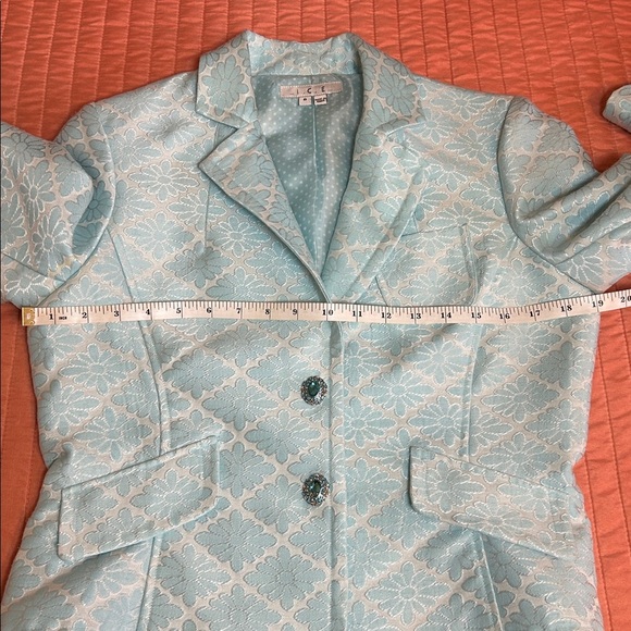 Ice Light Blue Jacquard Floral Blazer with Rhinestone Snap Buttons size 8 - Picture 12 of 16